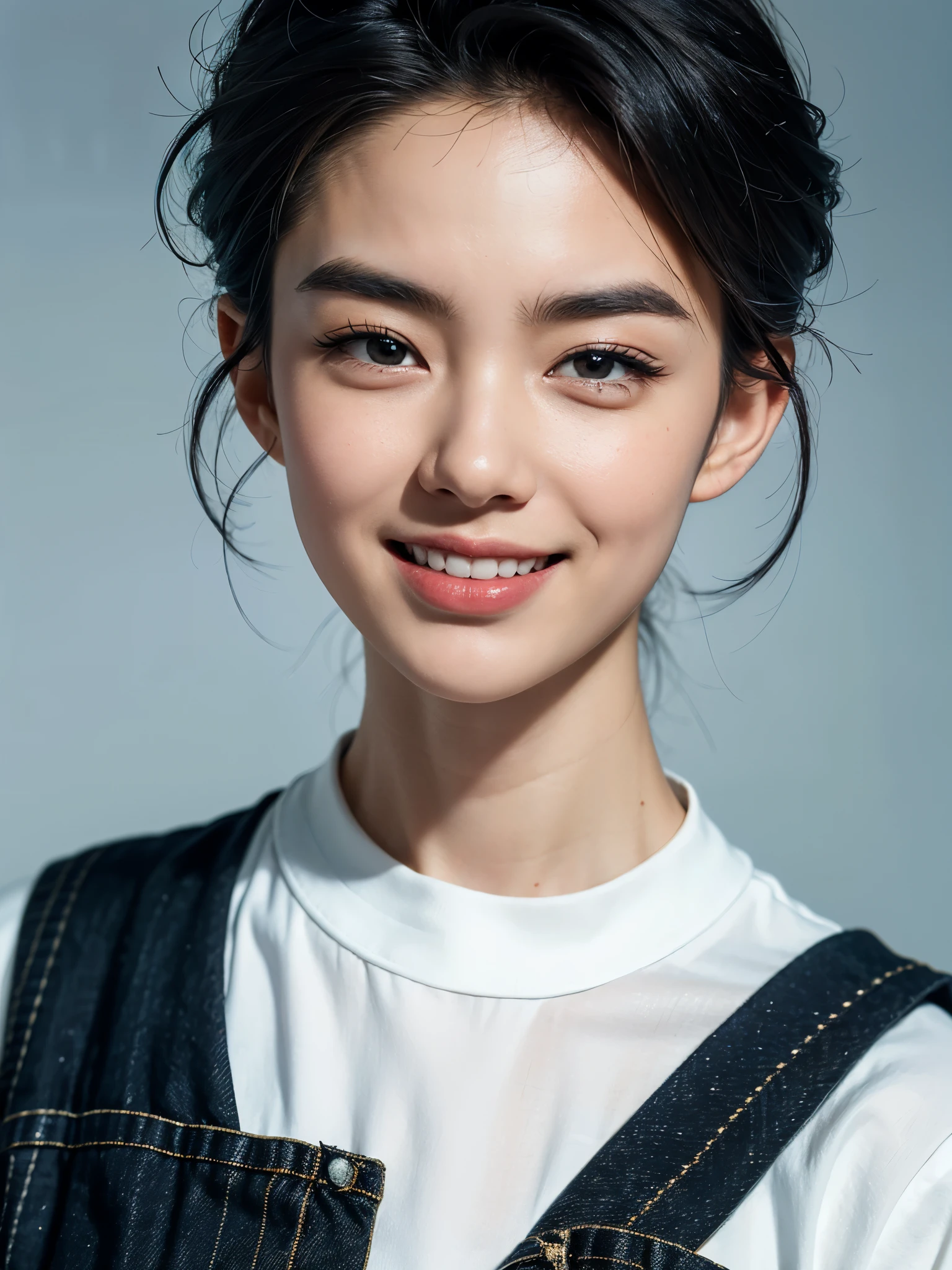 (A close-up of a wild and beautiful woman wearing a white shirt in black and white), (super short hair: 0.8), (slightly lowered head: 0.65) young and wild Asian face, somewhat mixed race face, (closed mouth pursed laughter), (fox like eyes half squinted: 1.2), (squinting the corners of the eyes slightly upward), thick straight eyebrows, with sharp edges on the eyebrows, (slightly square chin: 0.4), (lazy), a bit like Vivian, Perfect face, expressive hair, very fluffy and full hair on top of the head, slightly narrowed slender eyes, like the eyes of a fox, tsurim, torogao,
Anime style, contrast between light and dark, denim lens, ultra-high definition, masterpiece, accuracy, textured skin, super details, high detail, high quality, award winning, best quality, premium, 16k,