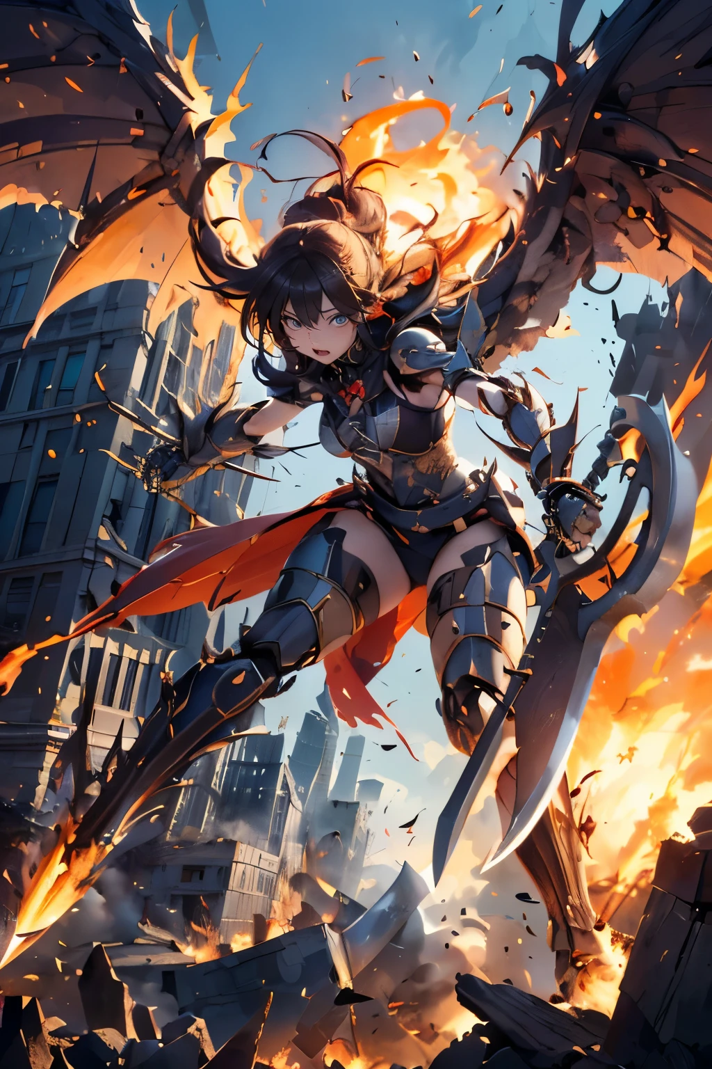 (((batalla, mecánico, cuerpo complejo, she attacks using a giant batalla axe))), personaje de juego estilizado, alumnos perdidos, ojos caídos, (muslos delgados), fuego, ((Destruyendo la ciudad)), ella tiene muchas alas,