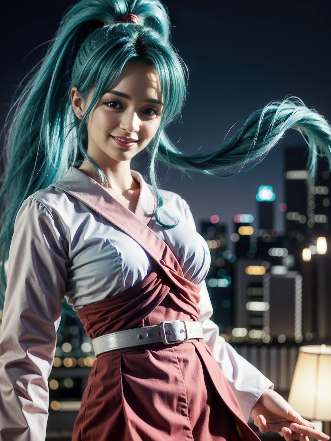 Woman with light blue hair ponytail wearing peach-colored Japanese clothes, Yu Yu Hakusho, 1girl,solo,Botan, Slightly round face, Carefree smile, gently round eyes, sideburns are long, The eyeball is red, White belt fastening, Red band, Hide your hands with sleeves