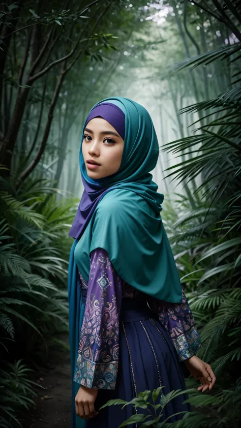 Create a photomanipulation of a Malay girl in hijab exploring a magical forest filled with vibrant colors, mythical creatures, a...