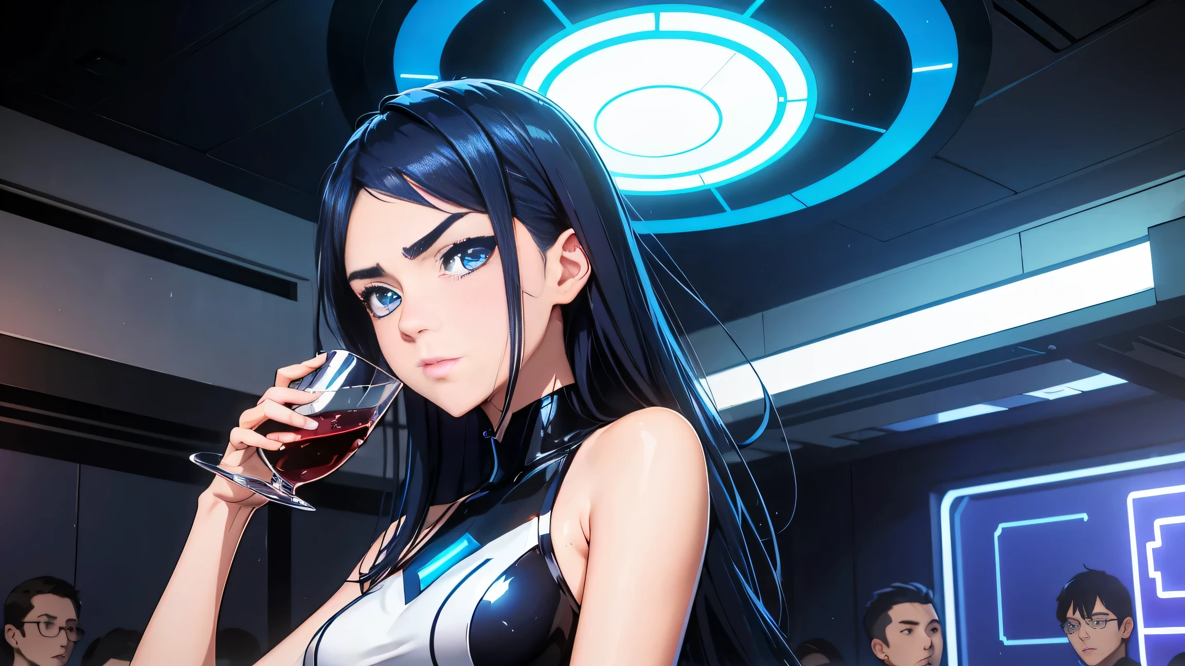 Anime girl in a futuristic outfit holding a glass of wine - SeaArt AI