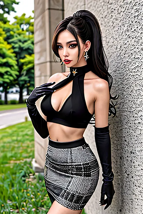 1 female, long hair, realistic, masterpiece, high resolution skin, 視聴者をlookいる, look:outdoor, alone, Full body shot black cross_halter neck, gloves, just_shoulder, earrings, belly button, Plaid pencil skirt