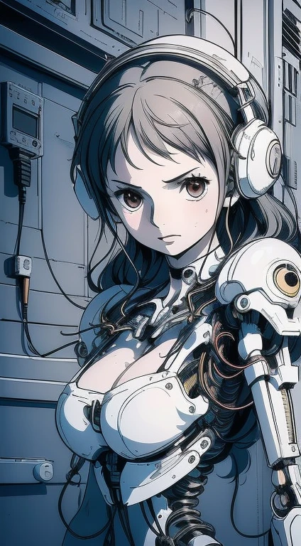 (((masterpiece))), ((((best quality)))), (((Super detailed))), (CG illustration), ((extremely delicate and beautiful)),(Cute and delicate face),Light,((1 mechanical girl)),alone,Full body female love,(Machine made joints:1.4),((mechanical limbs)),(The blood vessels are attached to the tube),((Mechanical vertebrae attached to the back)), ((Mechanical cervical vertebrae attached to the neck)),((sitting position)),Poker face,(wires and cables attached to head and body:1.5),(Character focus),Wind and clouds，looking at camera，black hair，Black and white style，Blue machinery