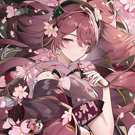 1 girl、background blur、branch、brown hair、long hair、high ponytail、dappled sunlight、flower、hair ornaments、kimono、kimono、leaf、(cher...