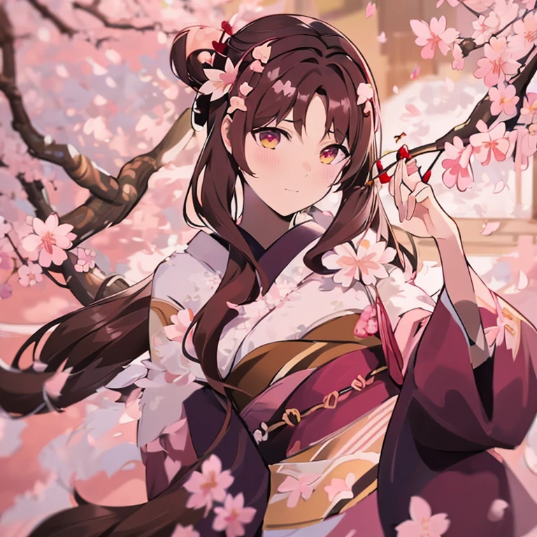 1 girl、background blur、branch、brown hair、long hair、high ponytail、dappled sunlight、flower、hair ornaments、kimono、kimono、leaf、(cherry blossoms:1.9)、band、outdoor、band、solo、sunshine、