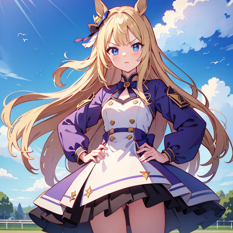 masterpiece, highest quality, very detailed, anime, girl, horse ears, blonde, young face, he is short, , very small breasts, long hair, umamusume, blue eyes,  Gorgeous purple and navy costume with lots of luxurious accessories, Racecourse, Turf Course, sprinting at full speed, serious expression, Glaring ahead, wave both hands back and forth,