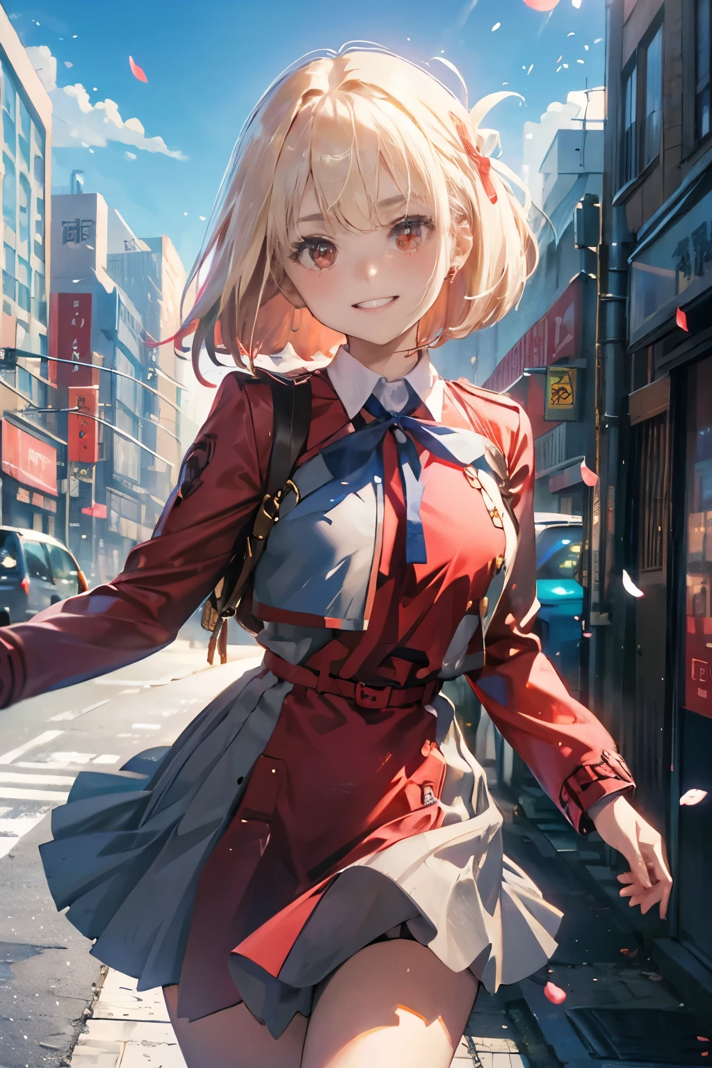 ​masterpiece、top-quality、Female one、bangss、platinum-blonde、red school uniform、red blush、breastsout、Y shirt、cowboy  shot、dress shirts、Eyebrows visible through the hair、Grinning、Bob Hair、Click here for the line of sight、Navy blue tie ribbon、Akame、student clothes、a red skirt、独奏、blue-sky、flower petals、Fashionable、sano、colourfull、Dynamic、City background lined with skyscrapers