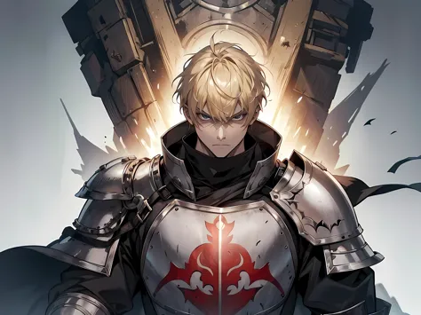 1 man knight, blonde hair, short hair, wearing heavy armor, fighting pose, standing, angry facial expression, face to detail, de...