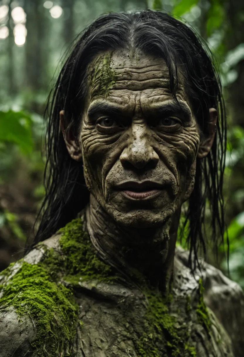 extream close up face Indonesian Wild very thin man long hair ugly mud  in jungle Dust your face with dry, crusted powder, Skin ...