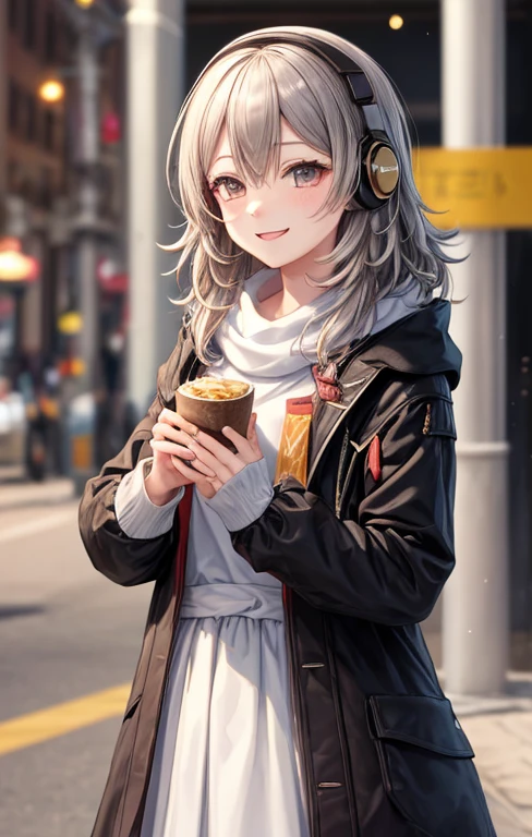 girl with、No background、without background、Background through、Golden white hair、Pink ash、short-cut、Two knots、Twin-tailed、Sareme、Gray eyes、Black coat、Winding muffler、Earmuffs、long-sleeve、Striped ribbon、A smile、Kind face、kawaii、without background