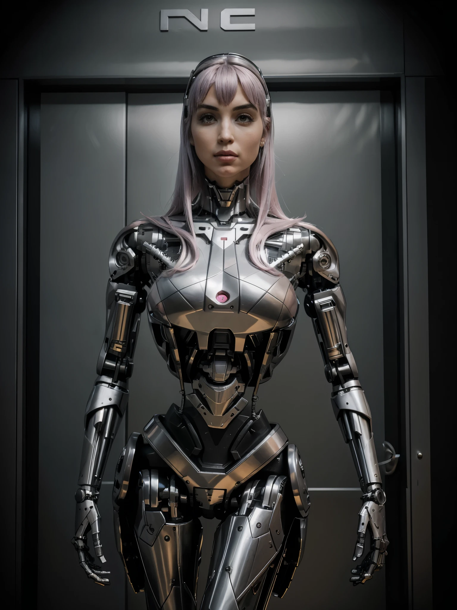 fisheye view, door fisheye pov, grand angular, ana de armas as your cosplayer girlfriend, using a robot suit, larger breasts, ana de armas, silver suit, crhome shinny skin, mechanical joints, medium straight hair, pink pastel hair, blunt bangs , parted lips , mecha musume, futuristic headset, stand up, await comands position, condo corridor, window on the left side, elevator door on background, thicc body, small height