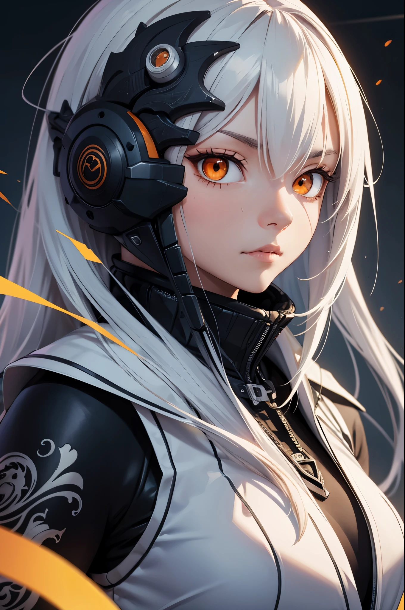 style of Tsutomu Nihei,(incredibly absurdres, (high resolution:1.18), intricate detail, (masterpiece:1.1), (highest quality:1.1), absurdres),(1girl, portrait, white hair, orange eyes, long hair, detailed eyes),