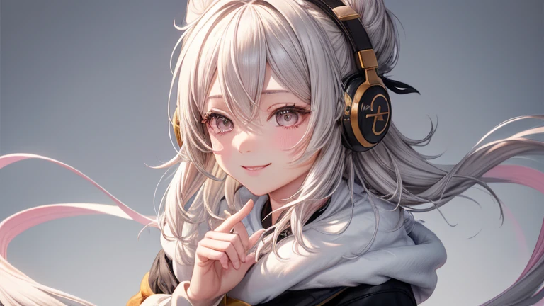 girl with、No background、without background、Background through、Golden white hair、Pink ash、short-cut、Two knots、Twin-tailed、Sareme、Gray eyes、Black coat、Winding muffler、Earmuffs、long-sleeve、Striped ribbon、A smile、Kind face、kawaii、without background