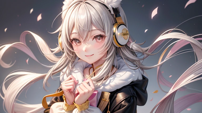 One girl、No background、without background、Background through、Golden white hair、Pink ash、short-cut、Two knots、Twin-tailed、Sareme、Gray eyes、Black coat、Winding muffler、Earmuffs、long-sleeve、Striped ribbon、A smile、Kind face、kawaii、without background