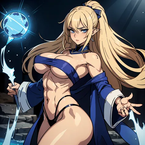 great quality, (female mage), very focused face, diamond face, perfect eyes, (wearing skimpy robe), strong shadows, detailed face, casting spell that makes a double of her, blue flashes of light, detailed abs, scars, shinying eyes, (masterpiece), direct li...