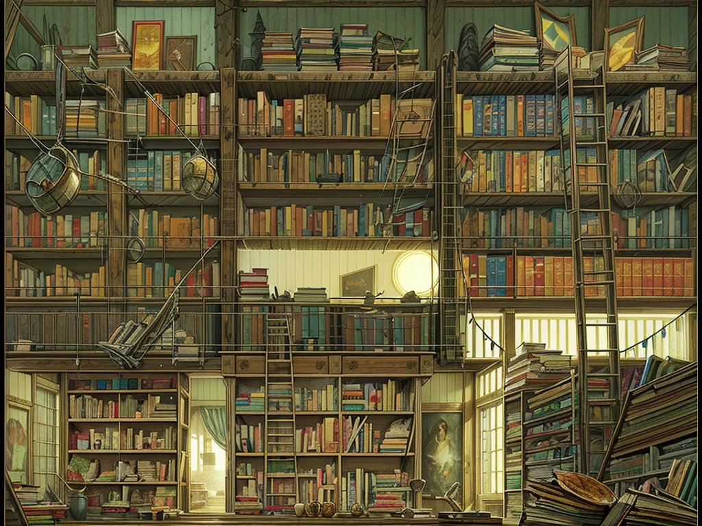 （（（masterpiece、Highest image quality、highest quality、highly detailed unity 8ｋwallpaper）））、（（（fantasy、grand library）））、（Large amount of books、Lined bookshelves、books stuck on the bookshelf、complex and three-dimensional room）、high ceilings、dimly lit room、A messy floor with piles of books