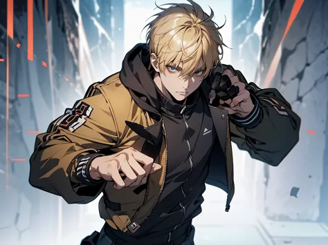 1 man, blonde hair, short hair, wearing athletic jacket, fighting pose, standing, face to detail, detailed eyes, the background ...