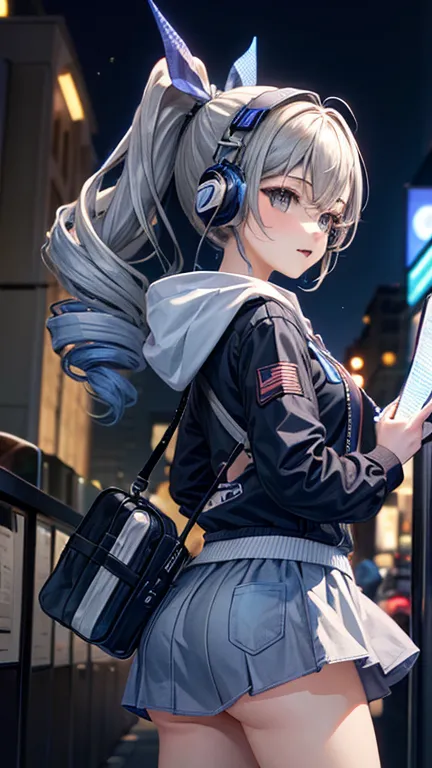 teenage girl with drill ponytail, wearing black hoodie and medium length skirt, blue eyes, grey background, wearing headphones, ...