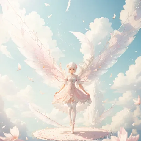 White-haired fairy in pink transparent clothes、on the sky，livestock，long legs，Symmetrical wings,magic（（（petals flying all over t...