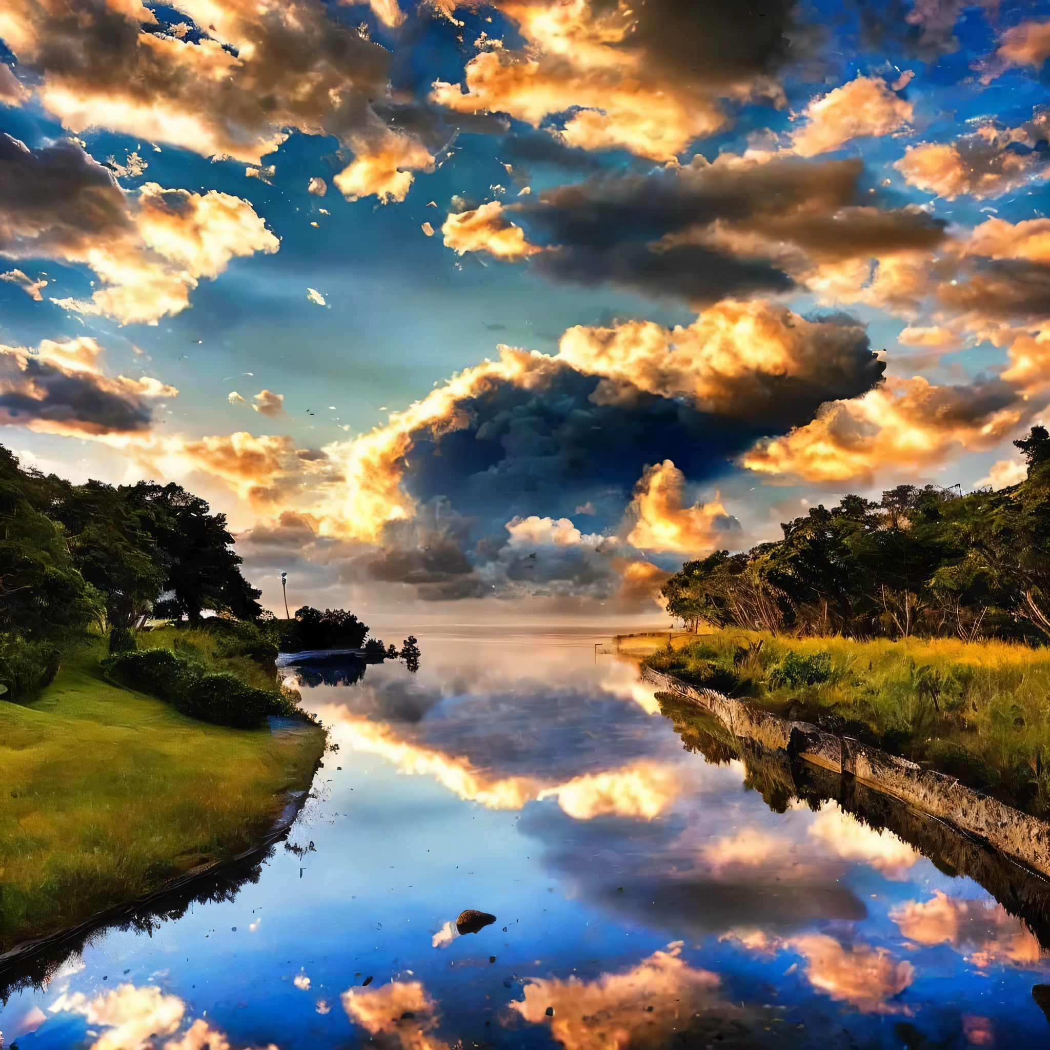 ciel bleu avec des nuages, reflété dans l&#39;eau