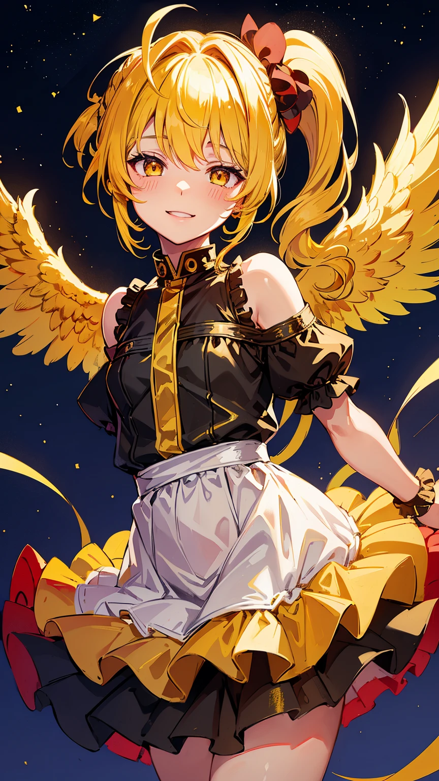 Sfw, 1little boy,solo, gently smile,(yellow hair),curly hair,gold eyes,((side ponytail)),black bondage,very cute,((with red angel wings on his back)),luminous effect,in the night sky,twinkle,best quality, high quality, masterpiece,starry sky