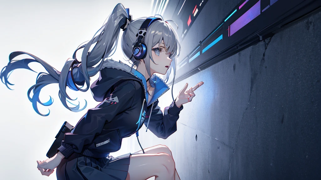 Teenage girl with drill ponytail, wearing black hoodie and medium length skirt, blue eyes, grey background, wearing headphones, nervous