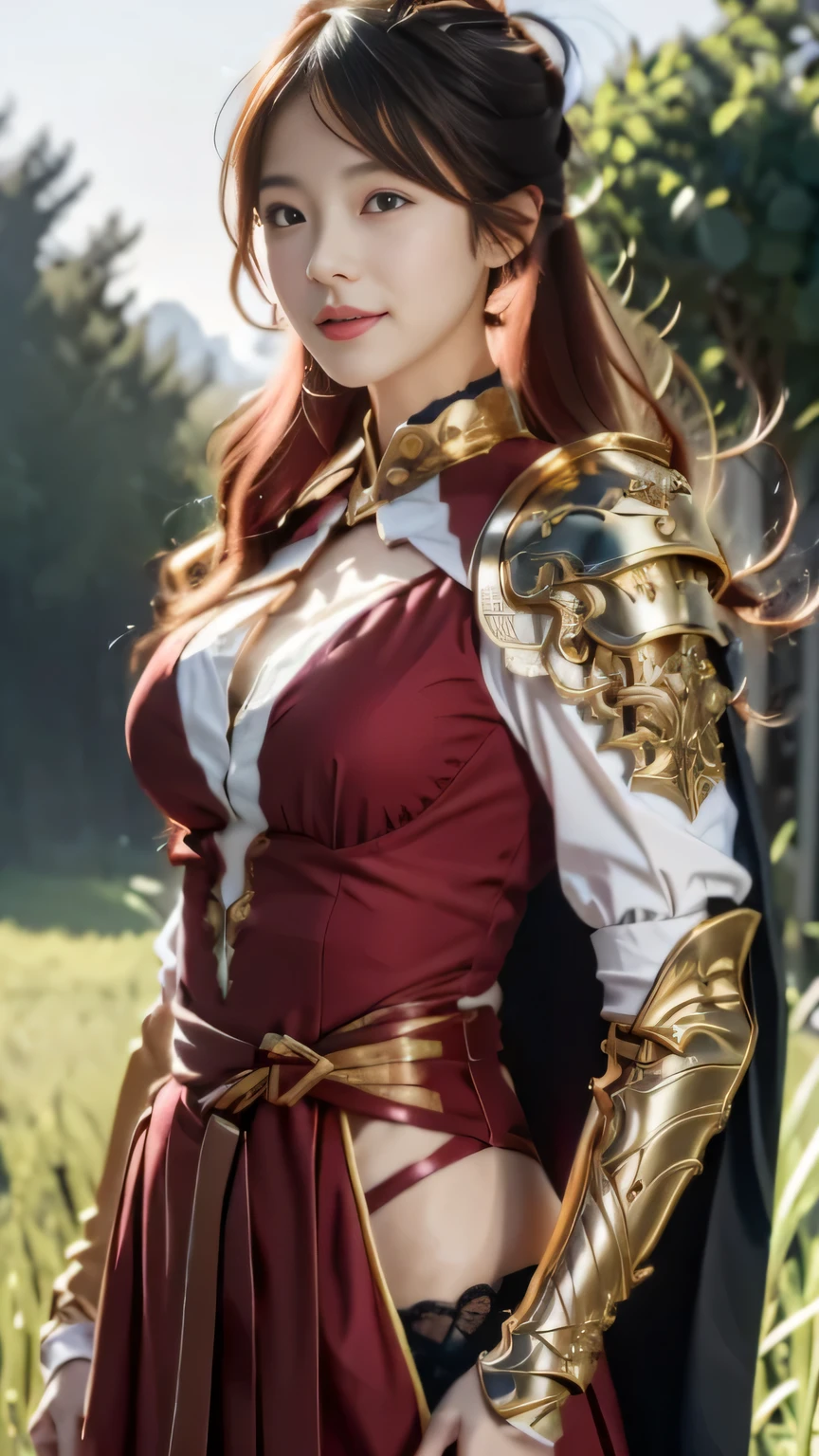 Chinese female general，Saffron Hu suit lining，Detail the eyes，Crimson cape，Gold cuirass，Breasts are full and erect，golden helmet，battlefield background，majestic，Smile（open mouth）（The corners of the mouth are raised），Leather tunic，Knee armor，Half-length photo，（Metal headbands），light pink hair（Hair in a bun：1.5），（Hair bun raised high）。wilderness background（grassland background）