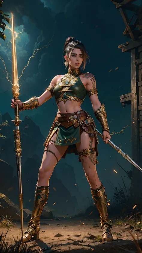 (((woman))), (((full body))), (((best quality))), (((masterpiece))), (((adult))), female warrior with a perfect body, holding a ...