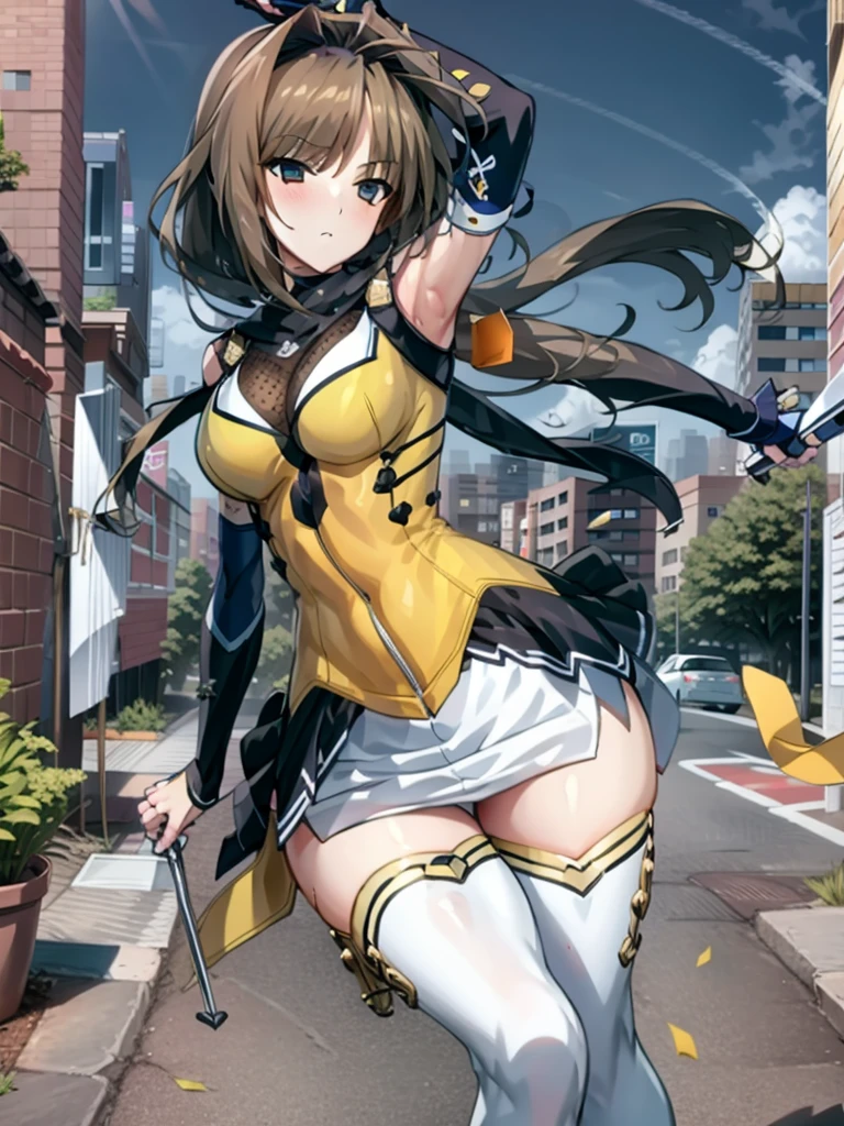 (hyper extreme detailed),(master piece),(hyper extreme),(realistic),cg,Lastration,novel iLastration,1 girl,takamori_Haruka,ninja,white mini skirt, yellow cloth,white legwear,,hypnoLora,empty eyes,(Inside a futuristic research facility:1.4),