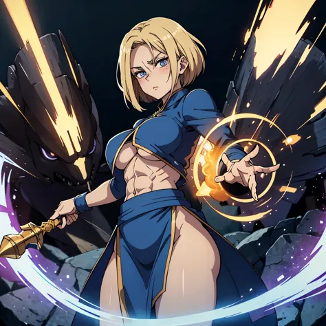 great quality, (female mage), android 18, shoko leiri, perfect eyes, (wearing mage robe), strong shadows, detailed face, casting spell that makes a double of her, blue flashes of light, detailed abs, scars, shinying eyes, (masterpiece), direct light, under...