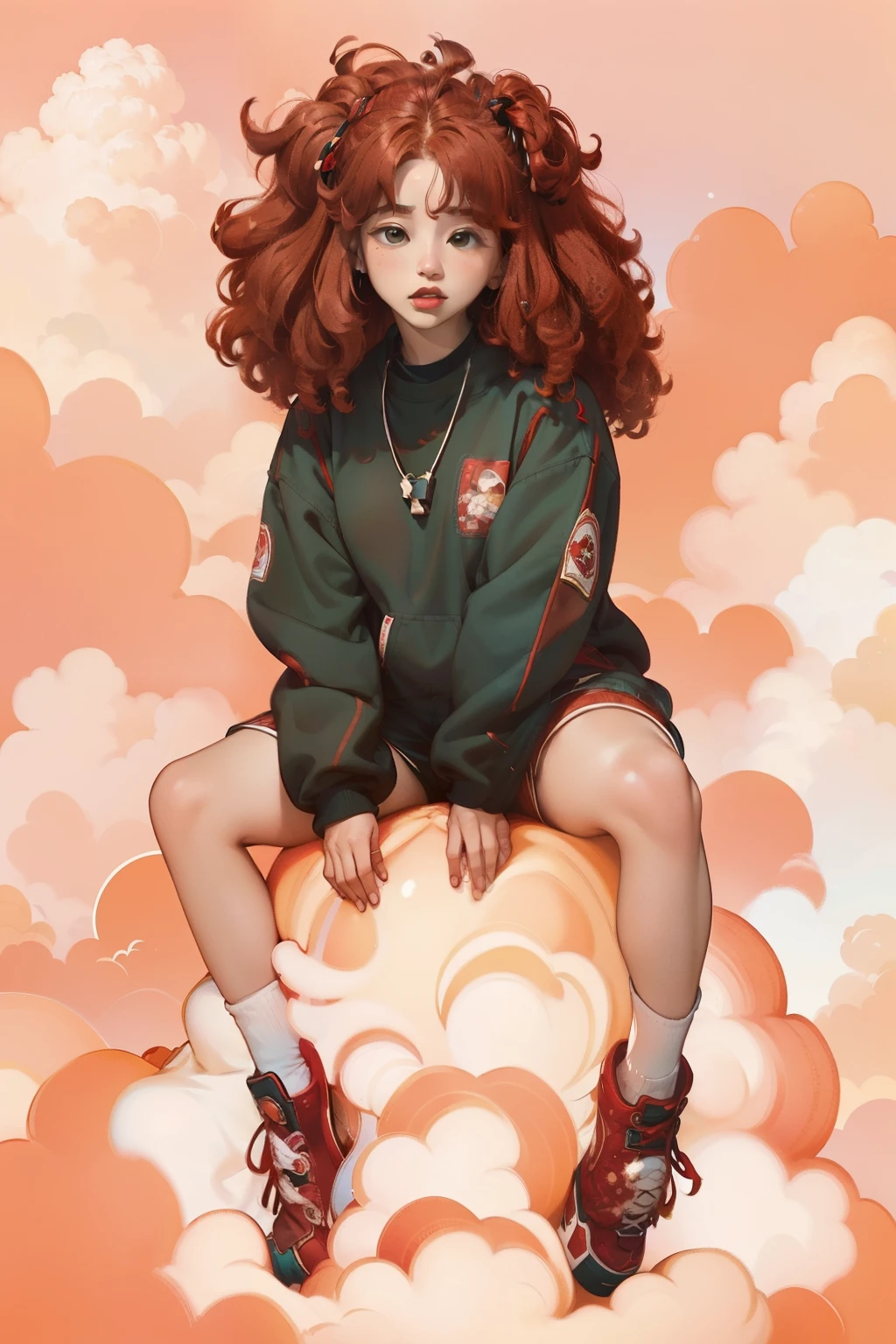 there is a woman 빨간 머리로 sitting on a cloud, 짜, with 빨간 곱슬 머리, 푹신푹신한 구름에 앉아, 소녀 구름, 붉은 곱슬머리, 빨간 머리의 여신, 빨간 곱슬 머리, 레드 아프로, 구리색 곱슬머리, 그녀는 스트리트웨어를 입고 있어요, 컬러 초상화, big 레드 아프로, 구름 여신, 빨간 머리로, 빨간 머리 소녀