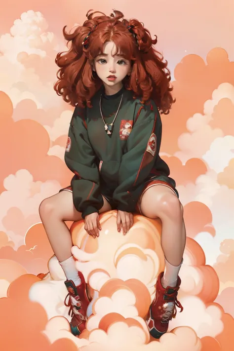 there is a woman with red hair sitting on a cloud, sza, with curly red hair, sitting in a fluffy cloud, girl clouds, red curly h...