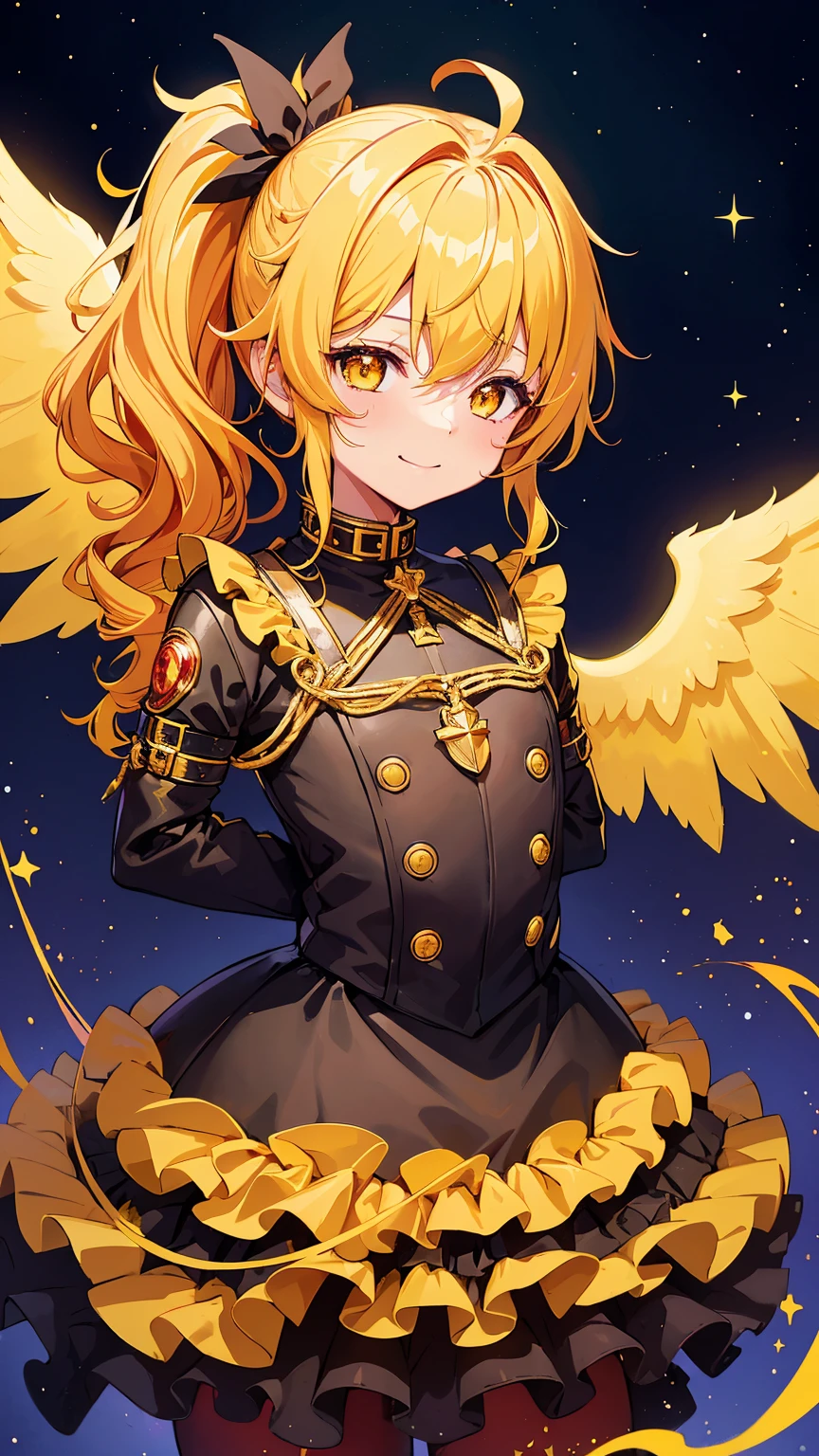 Sfw, 1little boy,solo, gently smile,(yellow hair),curly hair,gold eyes,((side ponytail)),black bondage,very cute,((with red angel wings on his back)),luminous effect,in the night sky,twinkle,best quality, high quality, masterpiece,starry sky