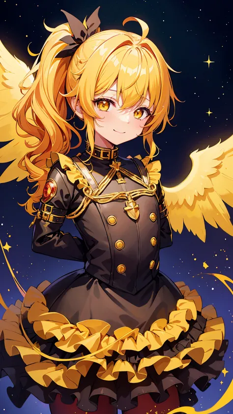 Sfw, 1little boy,solo, gently smile,(yellow hair),curly hair,gold eyes,((side ponytail)),black bondage,very cute,((with red ange...