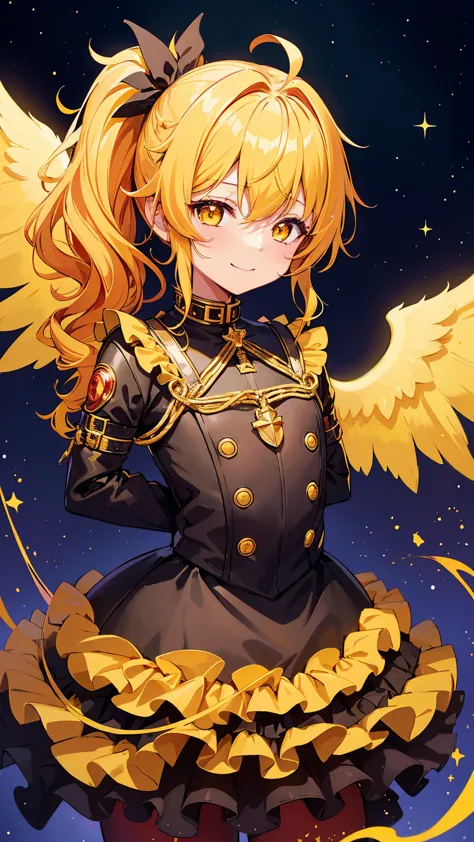 sfw, 1little boy,solo, gently smile,(yellow hair),curly hair,gold eyes,((side ponytail)),black bondage,very cute,((with red ange...