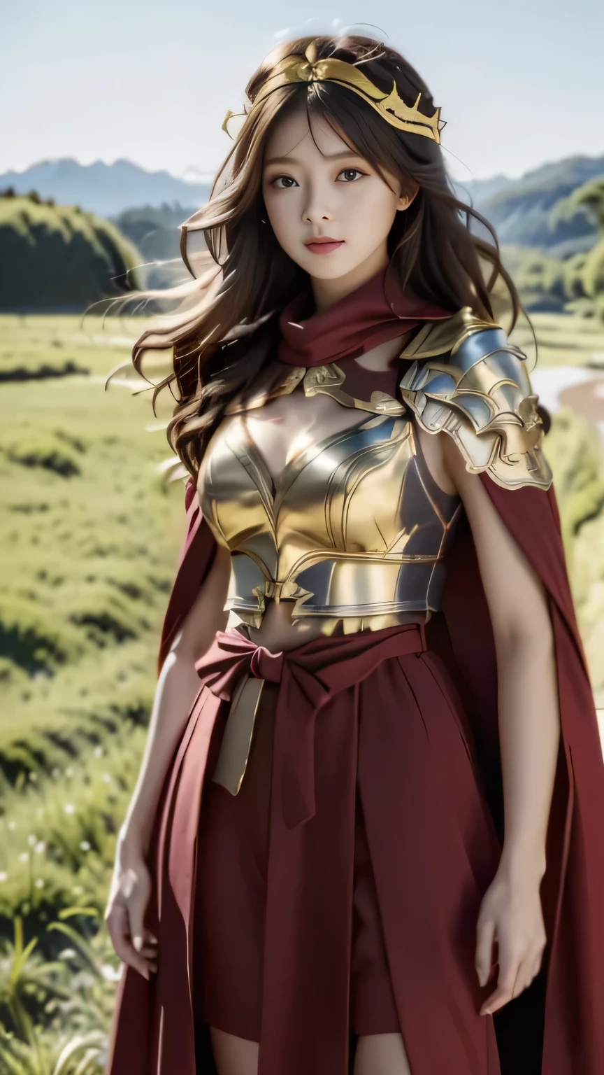 Chinese female general，Detail the eyes，Maroon Hu suit lining，Crimson cape，metal pauldron，Gold cuirass，Full and erect breasts，golden helmet，battlefield background，Majestic half-length photo，White scarf for hair，wilderness background（grassland background）