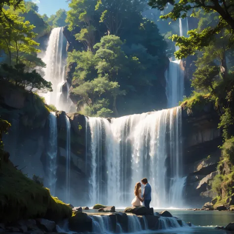 Couple sex, natural light, big forest, waterfall