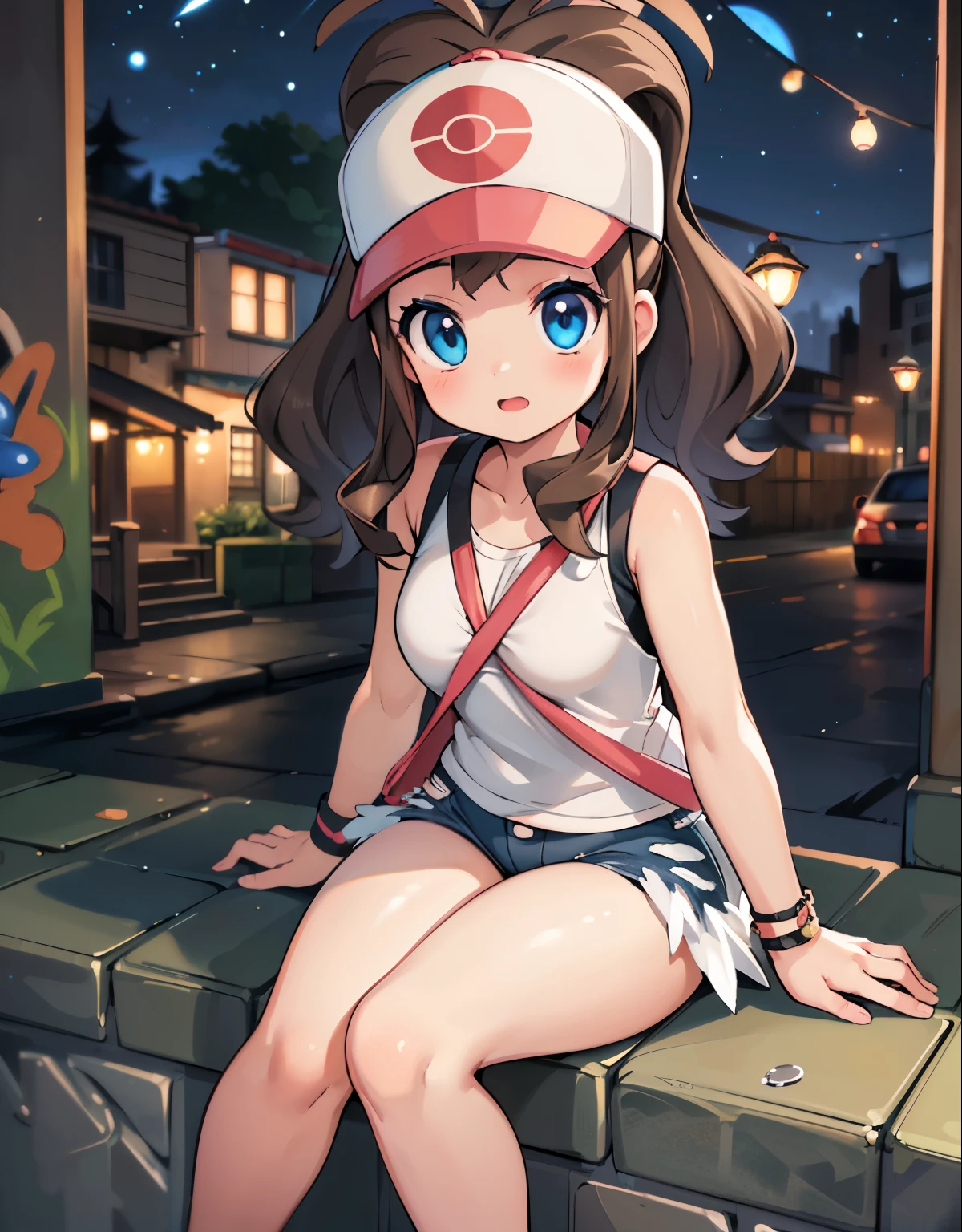 (best quality, highres, masterpiece:1.2), ultra-detailed, realistic:1.37, sketches, hilda pokemon, def1, teenage girl, sitting on her knees, curvy, visible thighs, chubby thighs, thighs in the foreground, short legs, body shape, dark alley, graffiti, vibrant colors, innocent look, night