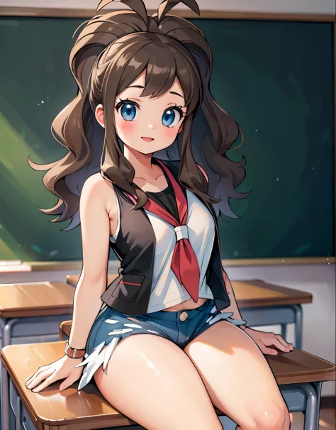 (best quality, highres, masterpiece:1.2), ultra-detailed, realistic:1.37, sketches, hilda pokemon, def1, teenage girl, sitting on her knees, curvy, visible thighs, chubby thighs, thick thighs, thighs in the foreground, body shape, classroom, curious look, ...