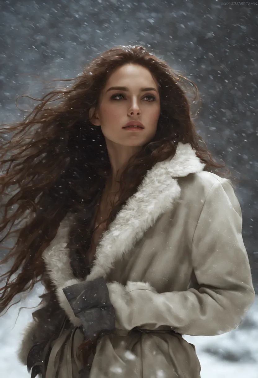 A woman, with very long, wavy brown hair. She wears a fur coat and high-heeled leather boots. Full body. Winter. It is snowing a...