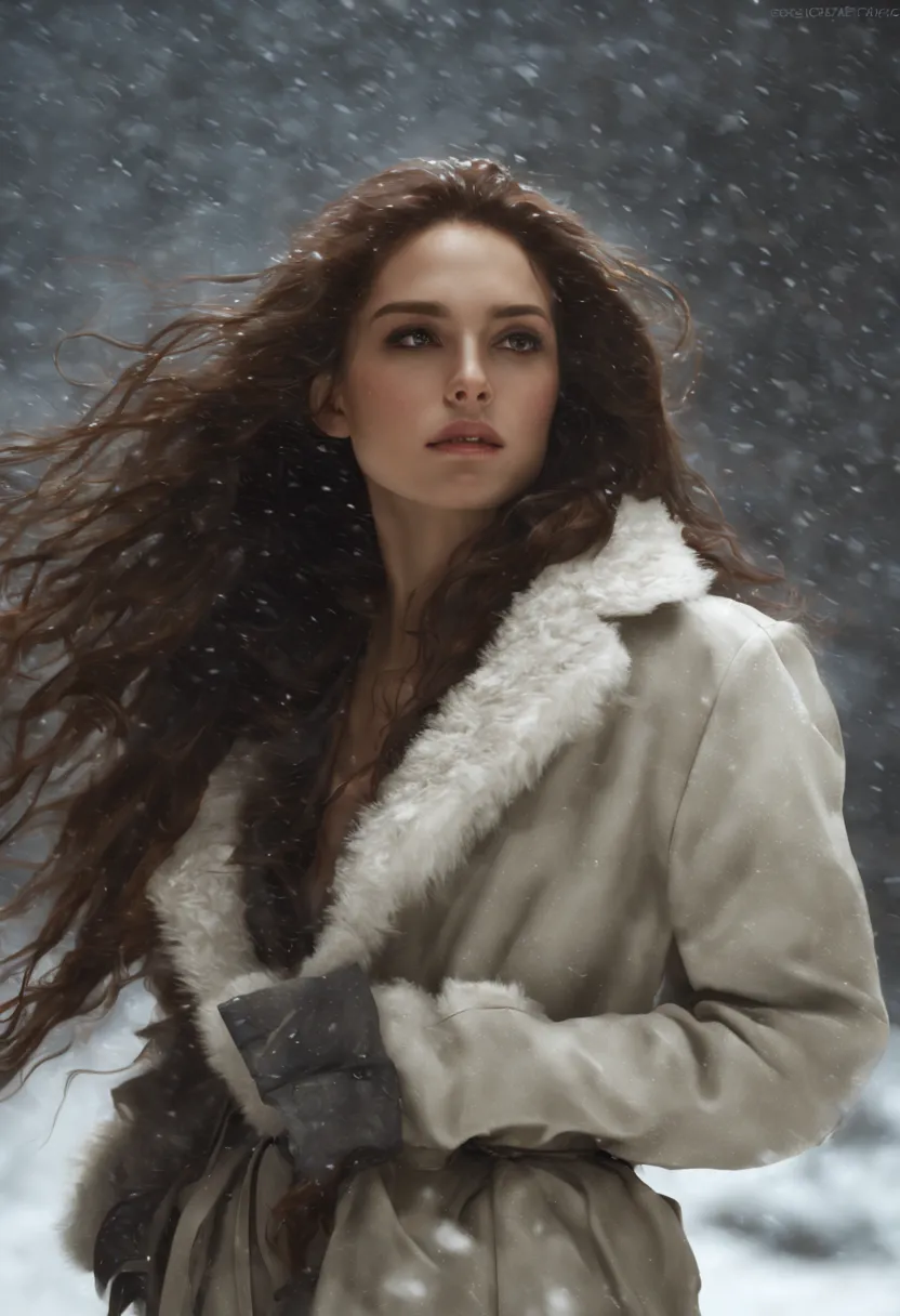 a woman, with very long, wavy brown hair. she wears a fur coat and high-heeled leather boots. full body. winter. it is snowing a...