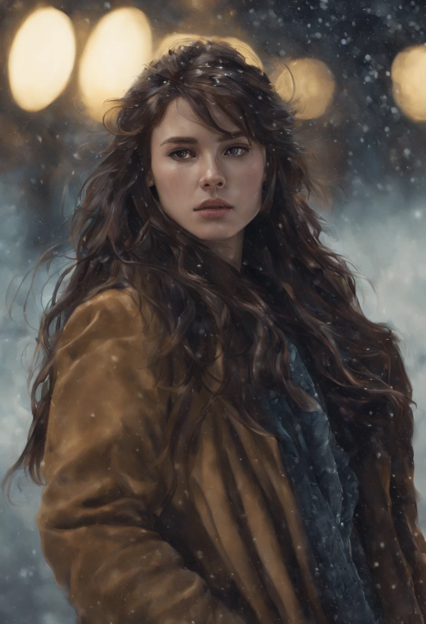 A woman, with very long, wavy brown hair. She wears a fur coat and high-heeled leather boots. Full body. Winter. It is snowing and very windy, causing her long hair to blow in the wind. She is in Washington DC, 1987, insanely detailed, 8k uhd, sharp focus, centered head, cinematic portrait, oil painting, matte painting, art by ruan jia, artgerm and greg rutkowski, wlop, dramatic lighting. Night. Full body