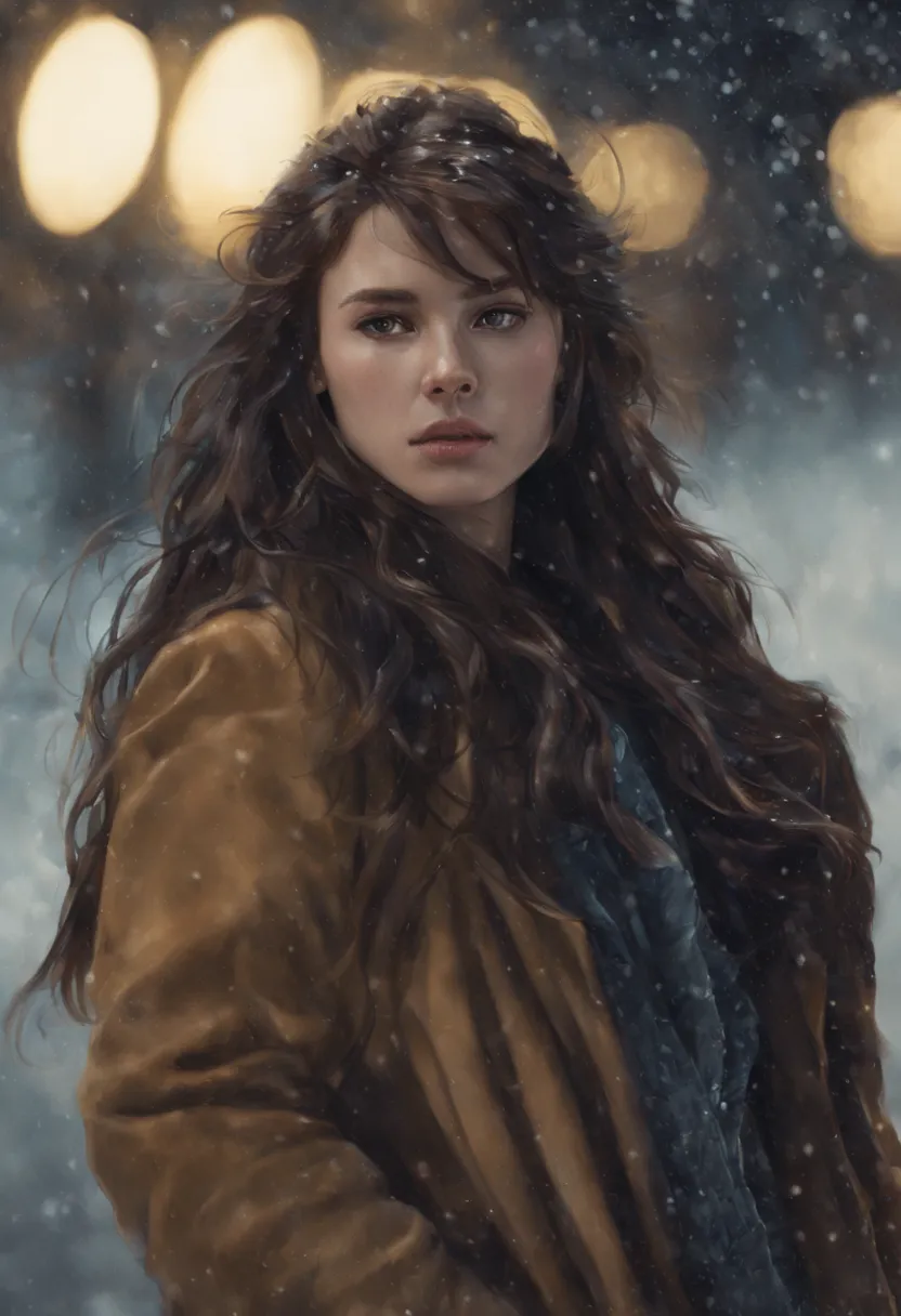 a woman, with very long, wavy brown hair. she wears a fur coat and high-heeled leather boots. full body. winter. it is snowing a...