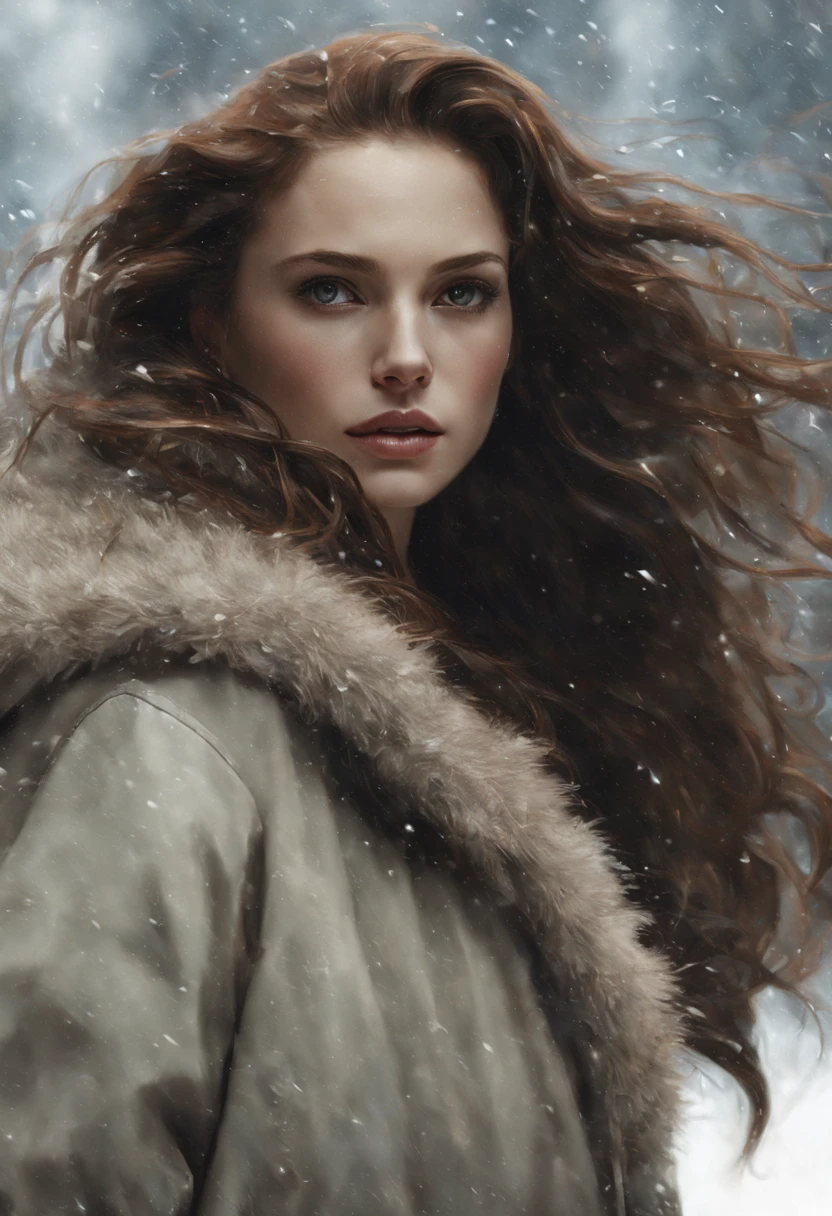 A woman, with very long, wavy brown hair. She wears a fur coat and high-heeled leather boots. Full body. Winter. It is snowing and very windy, causing her long hair to blow in the wind. She is in Washington DC, 1987, insanely detailed, 8k uhd, sharp focus, centered head, cinematic portrait, oil painting, matte painting, art by ruan jia, artgerm and greg rutkowski, wlop, dramatic lighting. Night. Full body