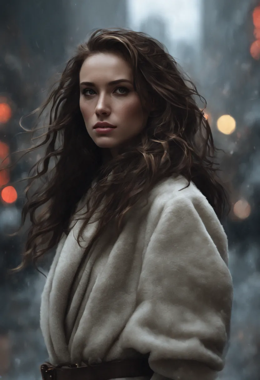 a woman, with very long, wavy brown hair. she wears a fur coat and high-heeled leather boots. full body. winter. it is snowing a...