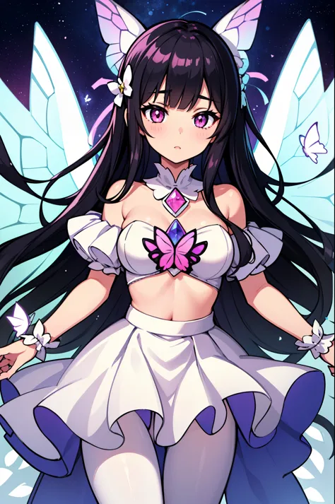 1girl, (white butterfly ears:1.1), (black hair), (long wild hair), ((pink eyes)), ((faint pupil)), ((hime cut)), (white butterfly), (dynamic pose), (white idol costume), (colorful acccents costume), (white butterfly aesthetic), (mini skirt), (white pantyho...