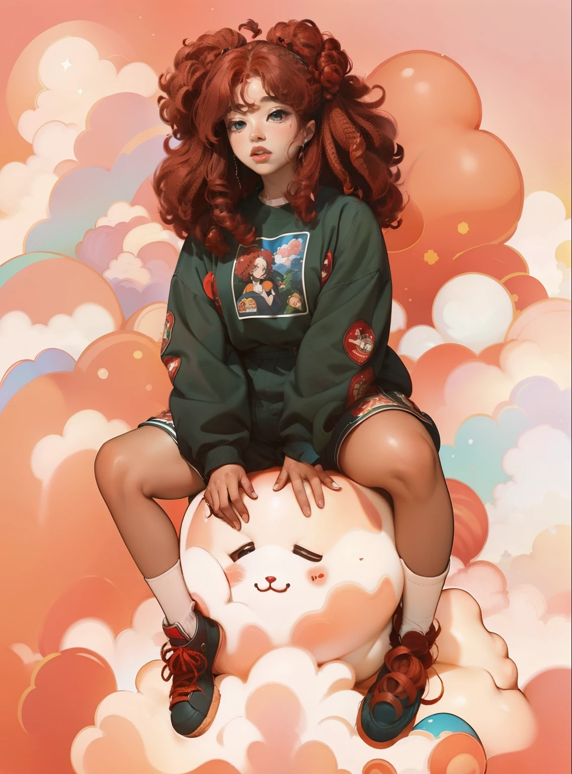 there is an African woman with red hair sitting on a cloud, sza, with curly red hair, sitting in a fluffy cloud, black girl ,clouds, red curly hair, red haired goddess, curly red hair, red afro, curly copper colored hair, she is wearing streetwear, color portrait, big red afro, cloud goddess, with red hair, red haired girl