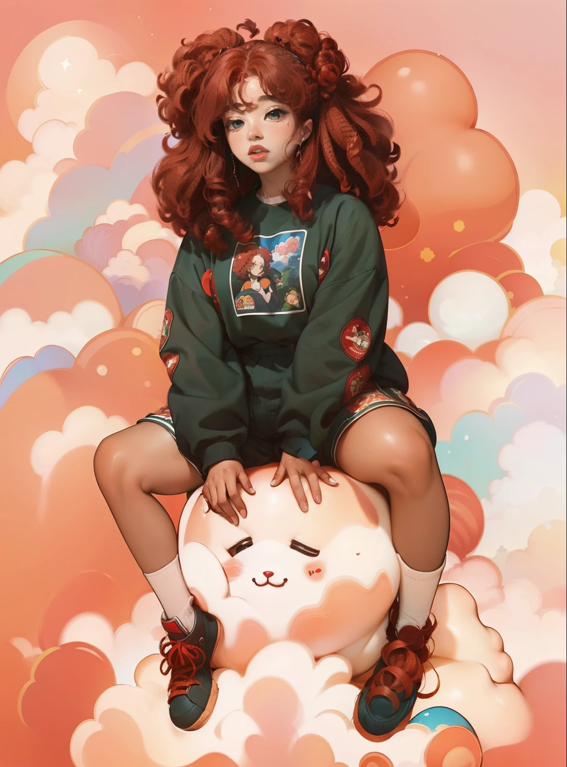 there is an African woman mit roten Haaren sitting on a cloud, sza, with Gelocktes rotes Haar, in einer flauschigen Wolke sitzen, Schwarzes Mädchen ,Wolken, rotes lockiges Haar, rothaarige Göttin, Gelocktes rotes Haar, roter Afro, lockiges kupferfarbenes Haar, Sie trägt Streetwear, Farbporträt, big roter Afro, Wolkengöttin, mit roten Haaren, rothaariges Mädchen