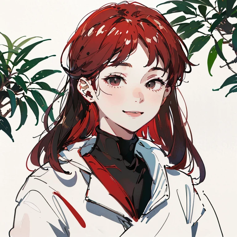 best quality, high resolution, clean background with plants, high contrast, 1 girl, line-drawing, sketch, ((tight medium shot))), white background with plants, clean line drawingringe hairstyle), (naughty face), smile face, (((turtleneck))), (((darkred-haired)))), (Mashed Hair), ((black eyescolor:1.2)), white skin, cute