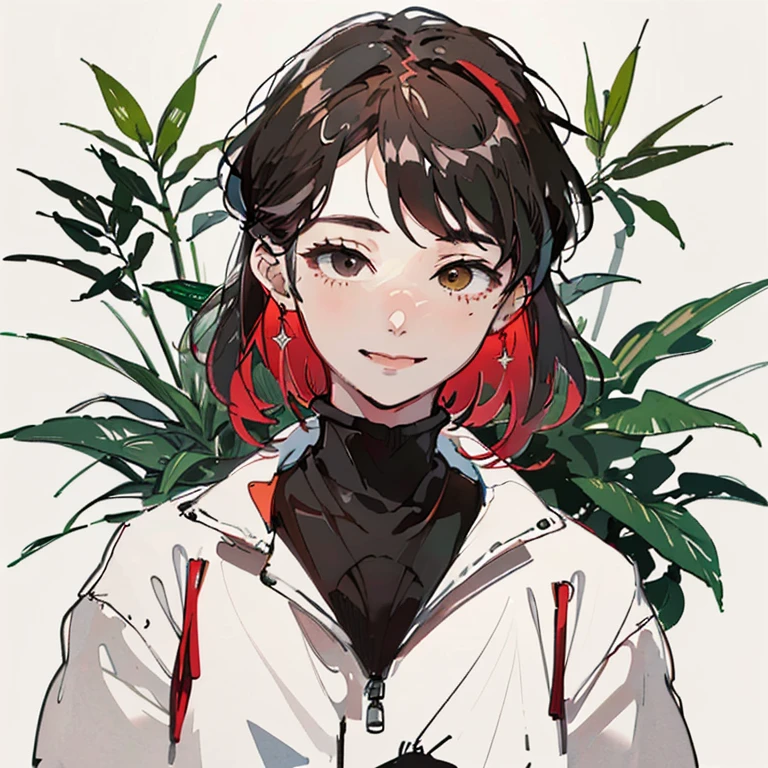 best quality, high resolution, clean background with plants, high contrast, 1 girl, line-drawing, sketch, ((tight medium shot))), white background with plants, clean line drawingringe hairstyle), (naughty face), smile face, (((turtleneck))), (((darkred-haired)))), (Mashed Hair), ((black eyescolor:1.2)), white skin, cute